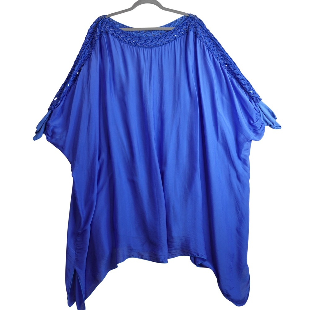 Made in Italy Silk Overlay Poncho Tunic Top Womens Blue Crochet Sequin Flowy OS